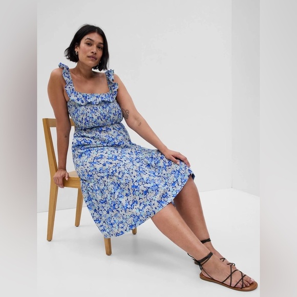 GAP Ruffle Neck Midi Dress Blue Floral Smocked Small Shirred Ruffle - Picture 1 of 14